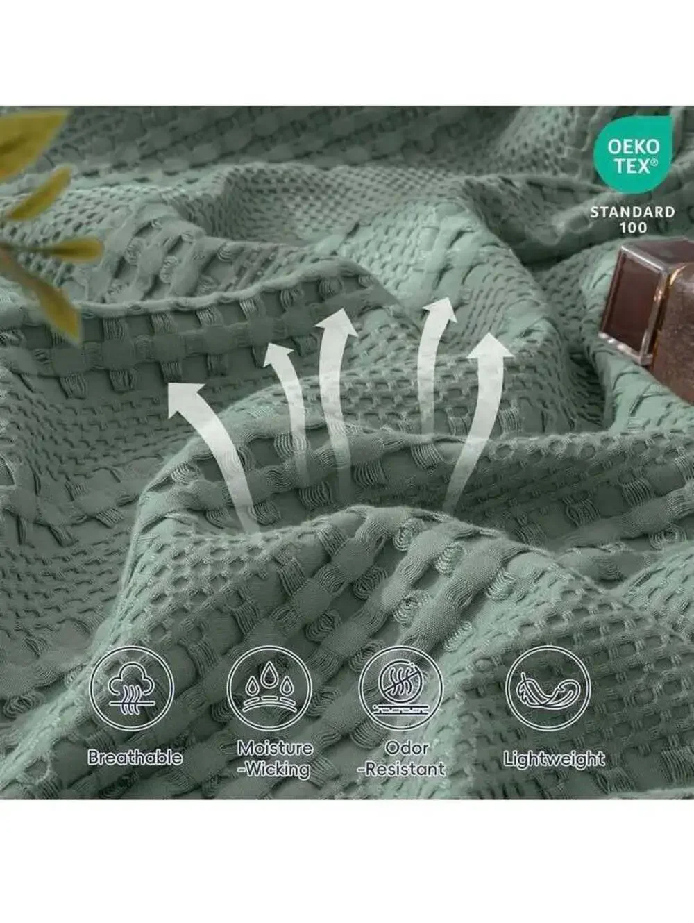 Cooling Waffle Blanket, Twin Size, Sage Slate, Bamboo & Cotton, New in Box